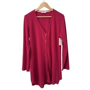NWT Lucky Brand Waffle Knit Button Up Sleep Shirt Tunic Top Size L Red Cozy Fall
